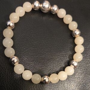 Italy Silver 925°and Cream Beaded 0,5 Inch×1 ; (8mm) Jadeite  Bracelet